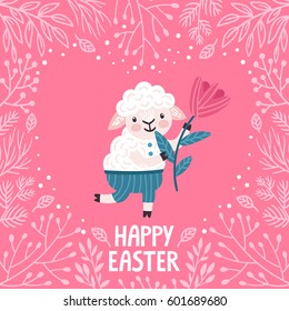 Vector holiday background with cute sheep, flower, floral heart shaped frame and text "Happy Easter". Beautiful pink poster with cartoon character. 