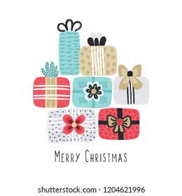 Vector holiday background with different textured gift boxes. Hand drawn elements. Merry Christmas. Unique design. Freehand style. Doodle. Invitation, card, postcard, poster, banner, print on clothes