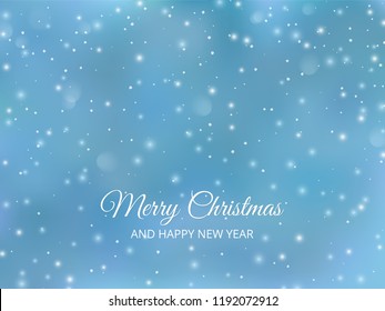 Vector holiday background with falling snow. Snowfall abstract texture. Merry Christmas and Happy New Year text, typography. For winter season greeting cards, banners, party posters, gift tags.