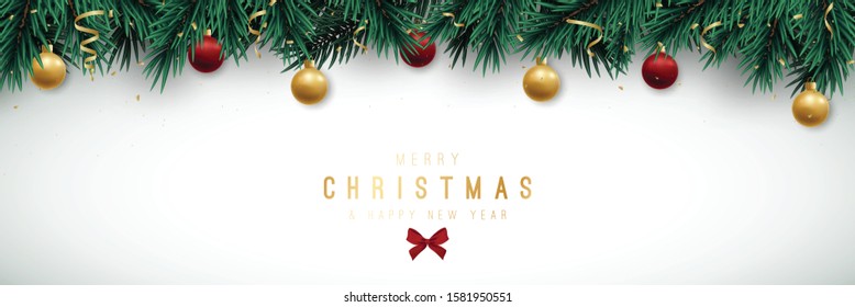 Vector holiday background with fir tree branches and Hanging balls and serpantine. Long Christmas garland. Template for banner, web sites, party invitation and social media.