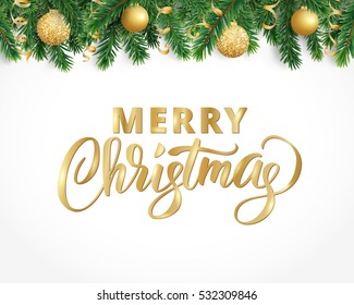 Vector holiday background with fir tree branches, ornaments and Merry Christmas letters. Hanging balls and ribbons. Isolated conifer garland frame, border. Great for banners, flyers, party posters. 