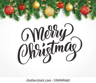 Vector holiday background with fir tree branches, ornaments and Merry Christmas letters. Hanging balls and ribbons. Isolated Christmas tree garland, border. Great for banners, flyers, party posters. 