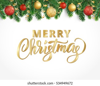 Vector holiday background with fir tree branches, ornaments and Merry Christmas letters. Hanging balls and ribbons. Isolated Christmas tree garland, border. Great for banners, flyers, party posters. 