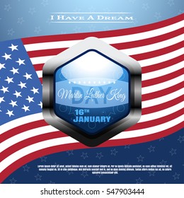 Vector holiday background of Martin Luther King Day with waving flag, label, text.