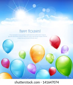 vector holiday background with multi-colored balloons flying in the blue sky