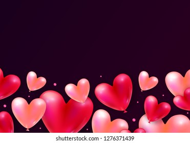 Vector holiday background with realistic 3D flying bunch of air balloon hearts and confetti particles. Trendy Valentine's Day or Wedding invitation, poster or festive decoration