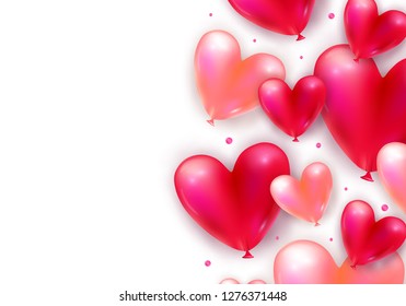 Vector holiday background with realistic 3D flying bunch of air balloon hearts and confetti particles. Trendy Valentine's Day or Wedding invitation, poster or festive decoration