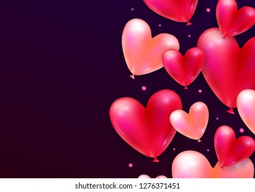 Vector holiday background with realistic 3D flying bunch of air balloon hearts and confetti particles. Trendy Valentine's Day or Wedding invitation, poster or festive decoration