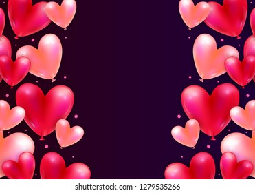 Vector holiday background with realistic 3D flying bunch of air balloon hearts and confetti particles. Trendy Valentine's Day or Wedding invitation, poster or festive decoration