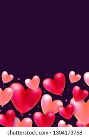 Vector holiday background with realistic 3D flying bunch of air balloon hearts and confetti particles. Trendy Valentine's Day or Wedding invitation, poster or festive decoration