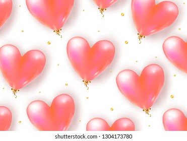 Vector holiday background with realistic 3D flying bunch of air balloon hearts and confetti particles. Trendy Valentine's Day or Wedding invitation, poster or festive decoration