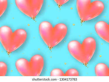 Vector holiday background with realistic 3D flying bunch of air balloon hearts and confetti particles. Trendy Valentine's Day or Wedding invitation, poster or festive decoration
