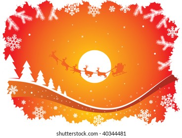 vector holiday background of santa claus flying in front of the sun or moon. christmas holiday illustration for happy new year and merry christmas greeting cards
