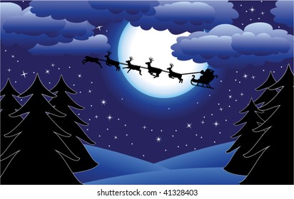 vector holiday background with santa claus and deers flying over trees in blue night sky