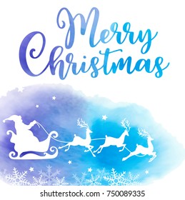 Vector holiday background with Santa Claus and greeting inscription. Christmas card with blue watercolor texture.