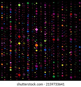 Vector de fondo de vacaciones con brillantes y coloridos brillantes brillantes brillantes de rhombus. Líneas verticales de múltiples destellos brillantes sobre fondo oscuro. Resumen del patrón de confeti garland. Ilustración de vacaciones.