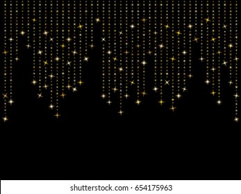 Vector holiday background with shiny gold star glitters. Vertical lines of multiple glowing sparkles on dark backdrop. Abstract confetti garland pattern. Holiday lights falling down illustration.