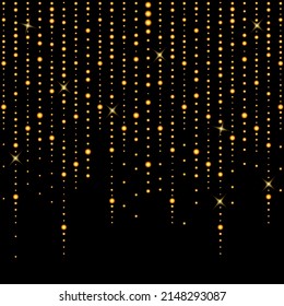 Vector holiday background with shiny golden star glitters. Vertical lines of multiple glowing sparkles on dark backdrop. Abstract confetti garland pattern. Holiday lights falling down illustration.