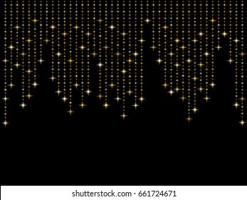 Vector holiday background with shiny golden star glitters. Vertical lines of multiple glowing sparkles on dark backdrop. Abstract confetti garland pattern. Holiday lights falling down illustration.