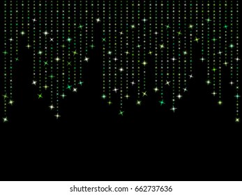 Vector holiday background with shiny green star glitters. Vertical lines of multiple glowing sparkles on dark backdrop. Abstract confetti garland pattern. Holiday lights falling down illustration.