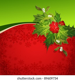 Vector  holiday background with snowflakes and holly