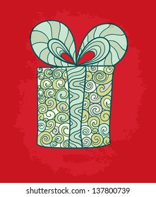 Vector holiday background with stylized doodle mosaic gift box with bow