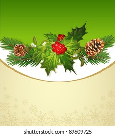 Vector  holiday background, tree, pine cones, holly and the frame