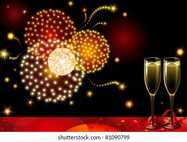 Vector holiday background with two Champagne Flutes, many stars and fireworks on night dark sky.