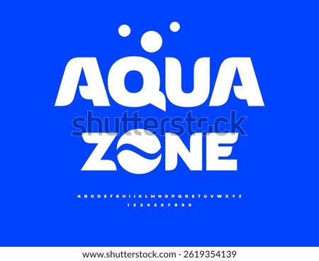 Vector Holiday badge Aqua Zone. Typography Minimal  Uppercase Font. Fashion White Alphabet Letters and Numbers set.