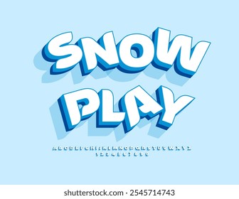 Vector holiday badge Snow Play. Unique White 3D Font. Funny Winter Alphabet Letters and Numbers set.