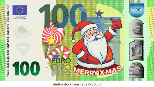 Vector holiday banknote of European Union, obverse of 100 euros with cheerful plump Santa Claus in red fur coat. Candies and sweets. 3D inscription Merry Christmas. Festive one hundred.