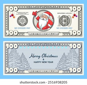 Vector holiday banknote or flyer. Obverse and reverse of 100 dollar bill. Funny cartoon Santa Claus. Merry Christmas and Happy New Year. Play money. One hundred dollars. Fir trees and garlands.