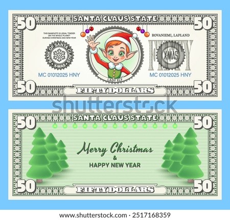 Vector holiday banknote or flyer. Obverse and reverse of 50 dollar bill. Funny cartoon beautiful elf girl. Merry Christmas and Happy New Year. Play money. Fifty dollars. Fir trees and garlands.