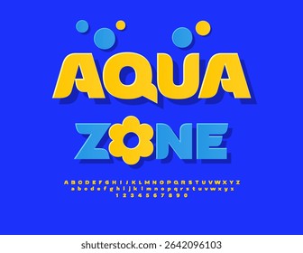 Vector Holiday banner Aqua Zone with Decorative Sun. Summer Yellow Font. Stylish Digital Alphabet Letters and Numbers set.
