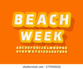 Vector holiday banner Beach Week with Yellow sticker Font. Sunny Alphabet Letters and Numbers