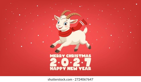 Banner ou cartão de feriado vetorial. 2027. Feliz Natal e Feliz Ano Novo. Desenhos animados bonito conto de fadas lindo pequeno pulando ela cabra em cachecol. Símbolo chinês Xmas pet. Fundo vermelho