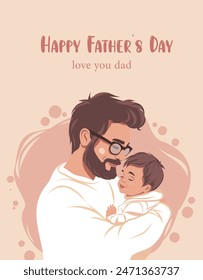 Vector holiday banner card cute, light pink beige colors, illustration of a happy father hugging his little son child daughter. Templates for Father's Day, Dad I love you, for poster, cover, postcard