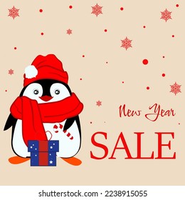 Vector holiday banner for Christmas sale or discounts with cute cartoon penguin in red hat and scarf
