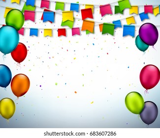 Vector holiday banner with confetti, multicolored balloons. Greeting card with colorful garlands of flags, festive bunting and air balloons. Celebration background for invitation, festival, birthday