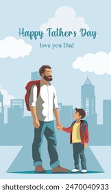 Anuncio de vacaciones de Vector linda ilustración de un padre sosteniendo la mano de su hijo en un paseo, con el telón de fondo de la ciudad. Plantillas para el Día del Padre, papá Te amo, para póster, portada, tarjeta