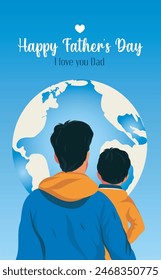 Vector holiday banner illustration of father and son on a background of blue sky and planet earth. Happy Father's Day greeting card, for poster, cover, banner and social media