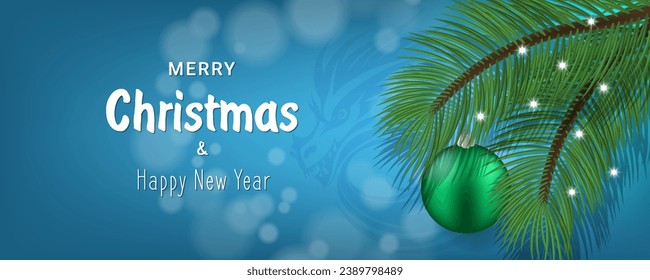 Vector holiday banner. Merry Christmas and Happy New Year. Green spruce branches with a Christmas ball decoration. Blue background with cloudy white spots in bokeh style. Shadow of dragon.