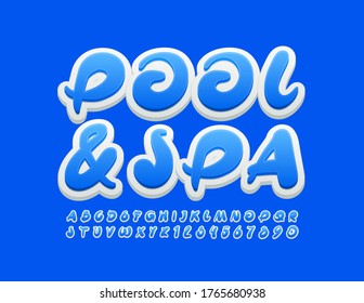 Banner de vacaciones vectoriales Pool & Spa. Fuente creativa azul y blanco. Letras y números alfabéticos artísticos