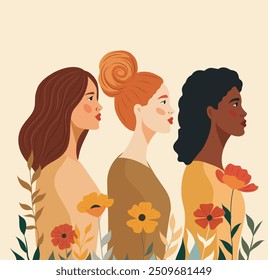 Vektor Feiertagsbanner, Postkarte 8 März. Frauen in Blumen. Internationaler Frauentag. Konzept des Feminismus, Stärkung der Rolle der Frau, Gleichstellung der Geschlechter. Vektorgrafik für Werbung, Website, Banner, Poster