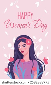 Vector holiday banner postcard 8 march, girl in flowers International Women's Day. Feminism concept, women empowerment, gender equality. Use for women's projects