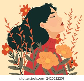 Vector holiday banner postcard March 8, girl in flowers International Women's Day. Feminism concept, women empowerment, gender equality