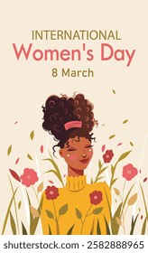 Vector holiday banner postcard March 8, girl in flowers. Women's Day. Feminism concept, women's empowerment, gender equality. Use for women's projects