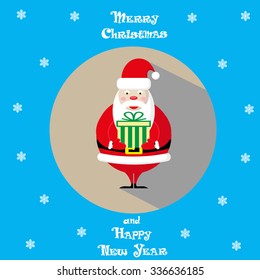 Vector holiday banner Santa Claus icon  in a circle and hand drawn text Merry Christmas and Happy New Year on blue background