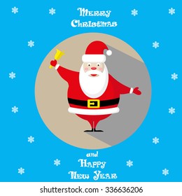 Vector holiday banner Santa Claus icon  in a circle and hand drawn text Merry Christmas and Happy New Year on blue background