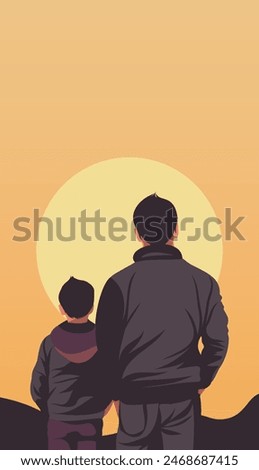 Vector holiday banner with space for text of father and son standing with their backs on a sunset background. I love you dad, Happy Father's Day greeting card for poster, cover and social media